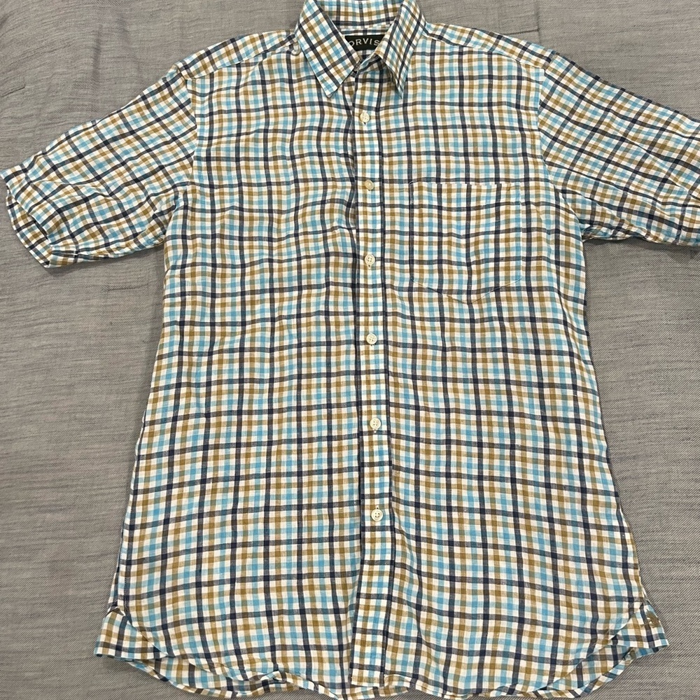 Orvis Men's Multicolor Plaid Button Down Short Sleeve Shirt 100% Linen